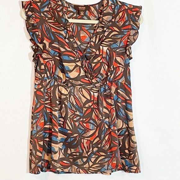🟢Victor Alfaro 100% Silk Abstract Ruffle Accent Top 8 - Picture 3 of 9